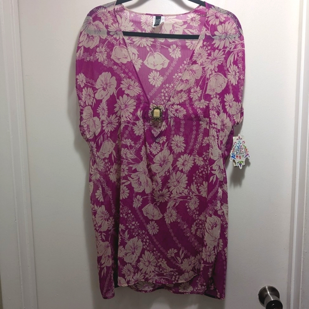 NWT Becca Swim Floral Boho Coverup V Neck Tunic Magenta Oversized Medium/Large